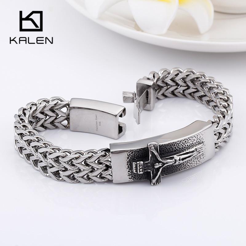 Kalen Classic Christian Jesus Cross Charm Bracelets on Hand for Men Stainless Steel Mesh Chain Link Armband Prayer Jewelry