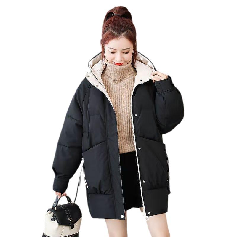 Down cotton-padded clothes, women's medium and long styles, loose and large pockets, loose and thickened small cotton-padded jackets, windproof