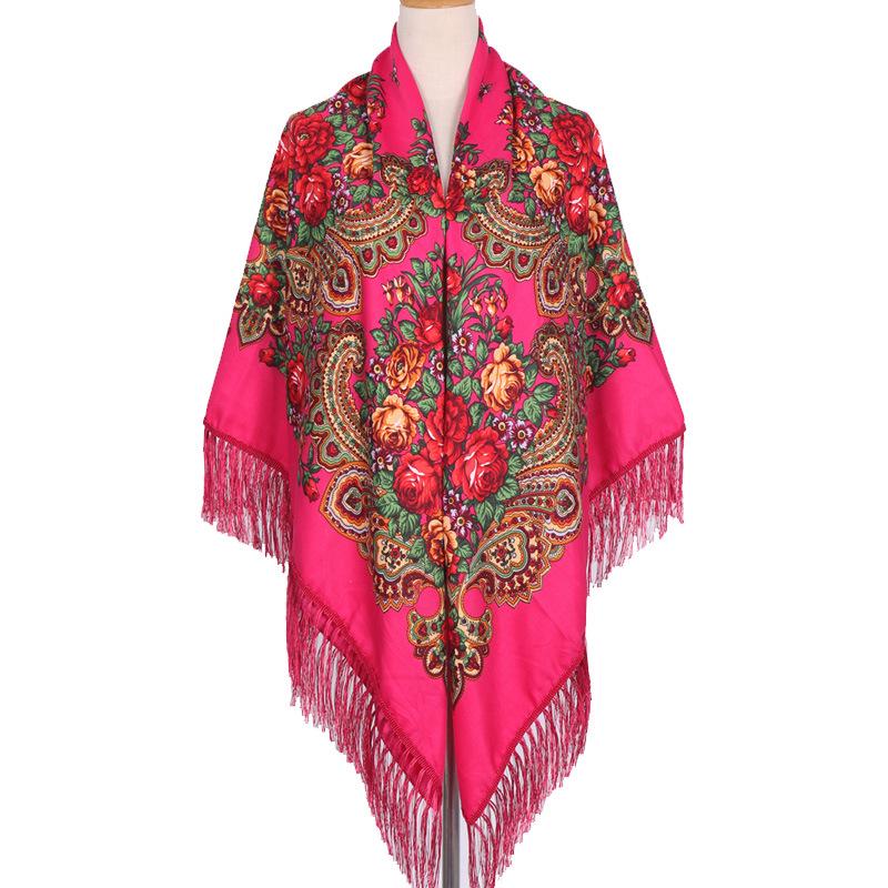 Russian Plus Size Women's Tassel Shawl - Vintage Ethnic Printed Square Scarf