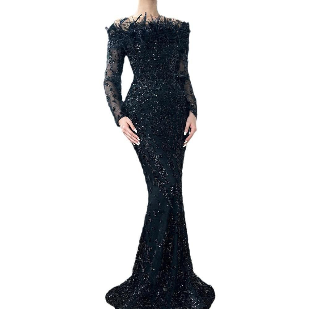 Black One-Word Shoulder Feather Fishtail Dress Light Luxury Elegant Temperament Socialite Banquet Host Evening Dress