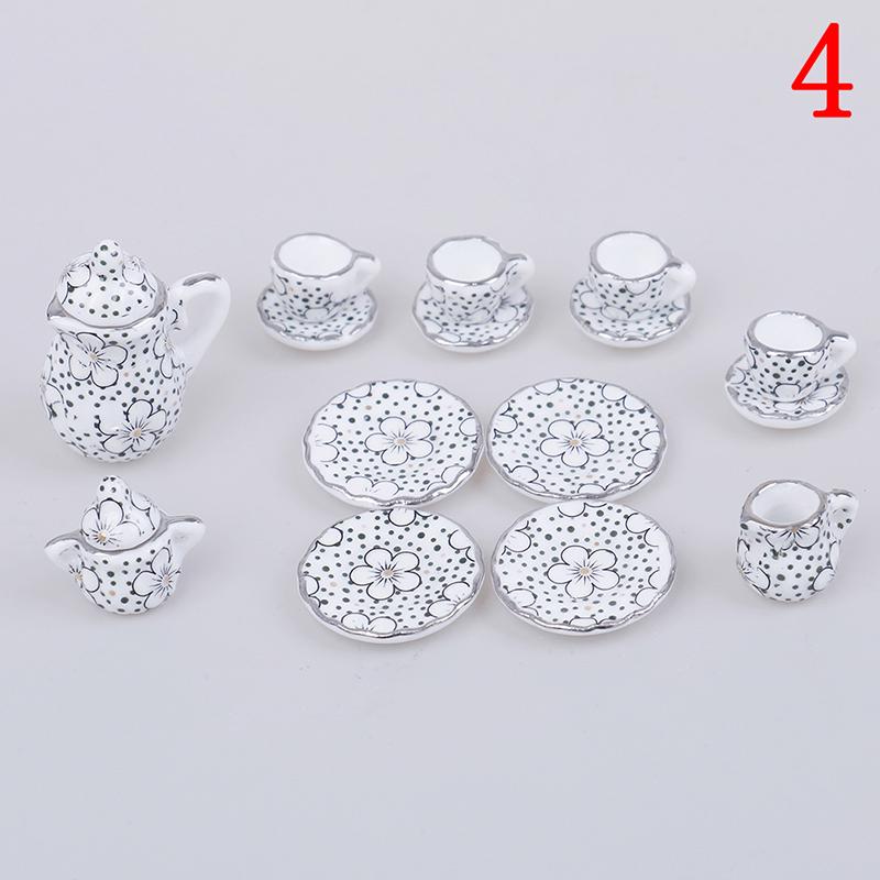 15Pcs 1:12 Miniature Porcelain Tea Cup Set Chintz Flower Tableware Kitchen Dollhouse Furniture Toys For Children Teapot DIY Toys