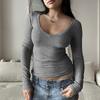 Women Plunging Neck Basic T-Shirt Autumn Solid Slim-fitting Full Sleeve Top Casual Versatile Simple  Shirt