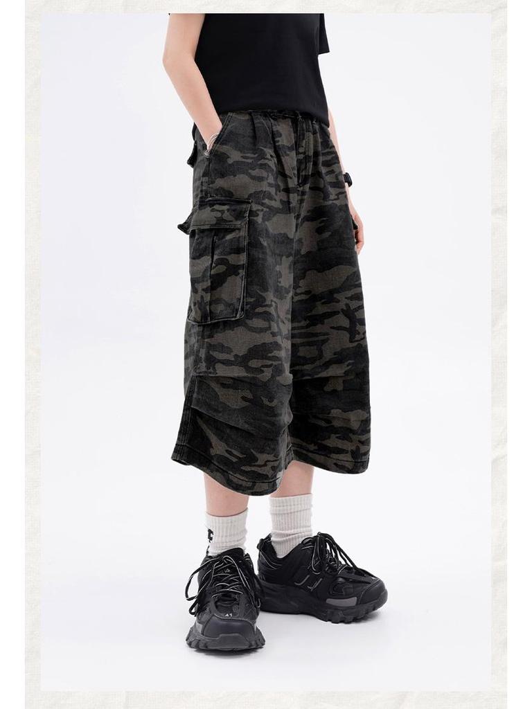 Salopetă Retro Camuflaj cu Talie Înaltă și Picioare Late cu Buzunare Multiple WHOOWAP