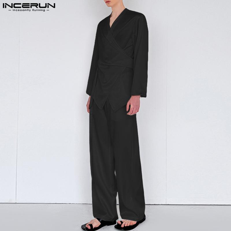 INCERUN 2PCS Men Long Sleeve Irregular TopsLong Straight Pants Sets Two Pieces Outfits
