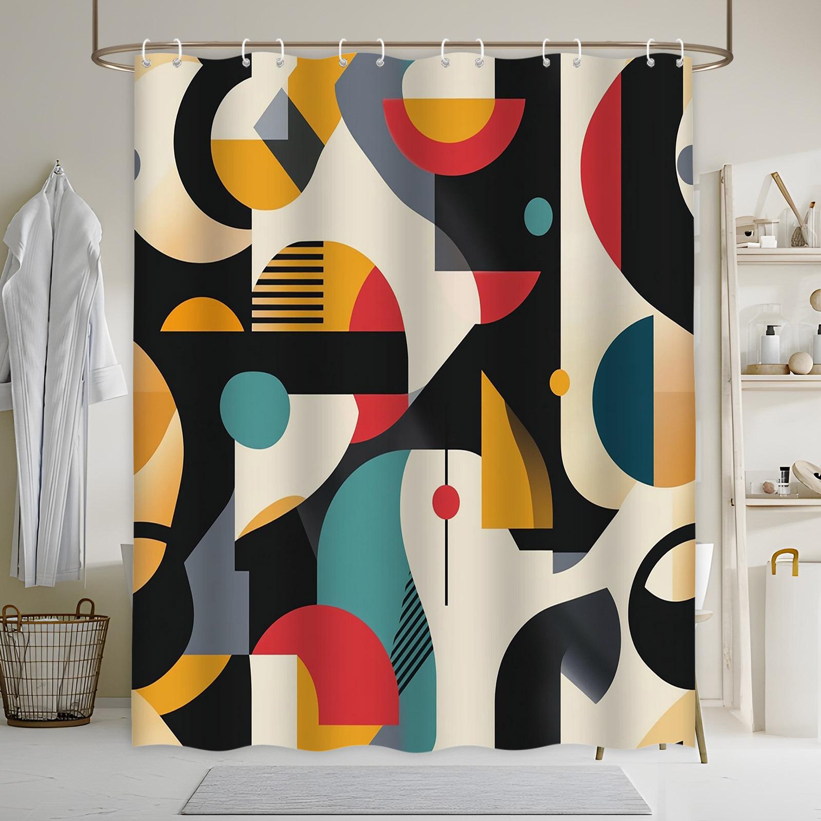 

Mid-Century Modern Geometric Shower Curtain - Black,Red, Yellow,Cyan & Beige, Machine Washable Polyester,Contemporary Bath Decor W90XH180cm
