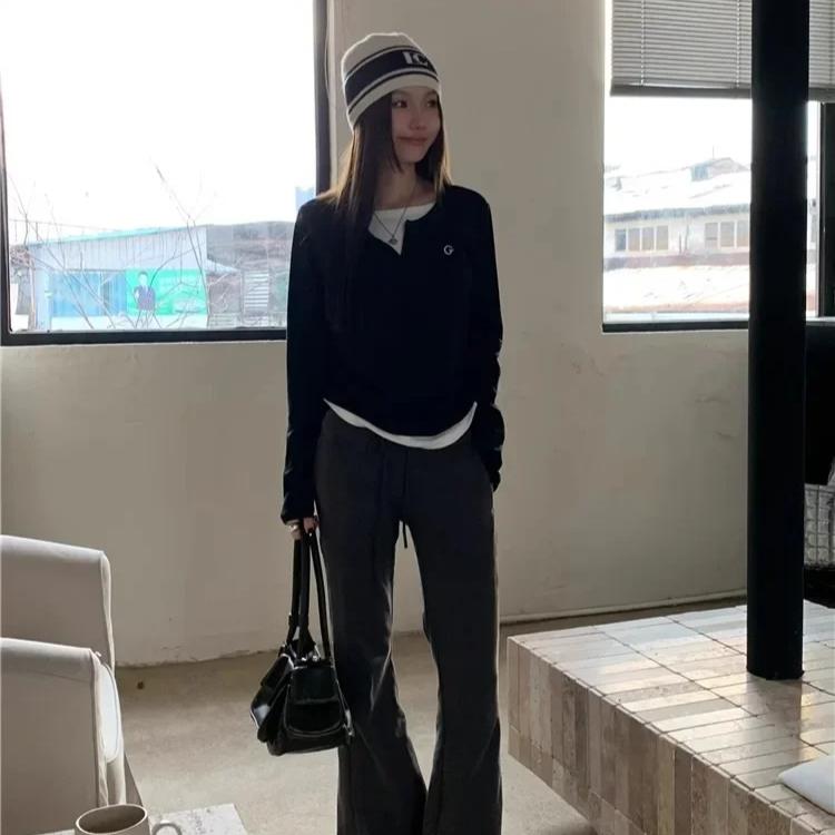 Long Sleeves Korean Fashion Style O-neck Tshirt for Women Fake Two Items T-shirts Ladies Top Tee Clothes