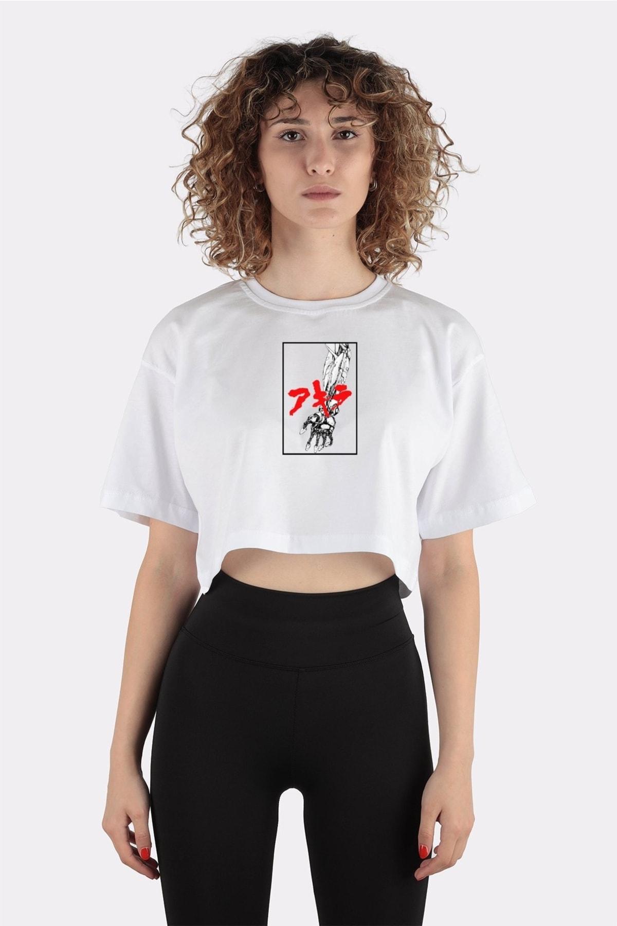 

Beyaz %100 Pamuk Bisiklet Yaka Crop T-shirt Akira Arm Tetsuo