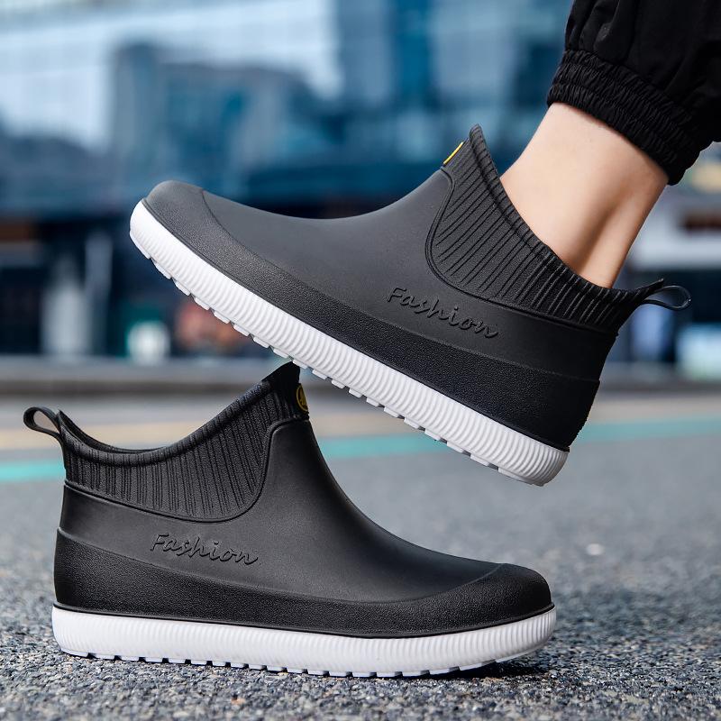 Men's short rain shoes fashion non-slip waterproof fashion rain boots fleece thermal rubber shoes kitchen water shoe cover shoes fashion