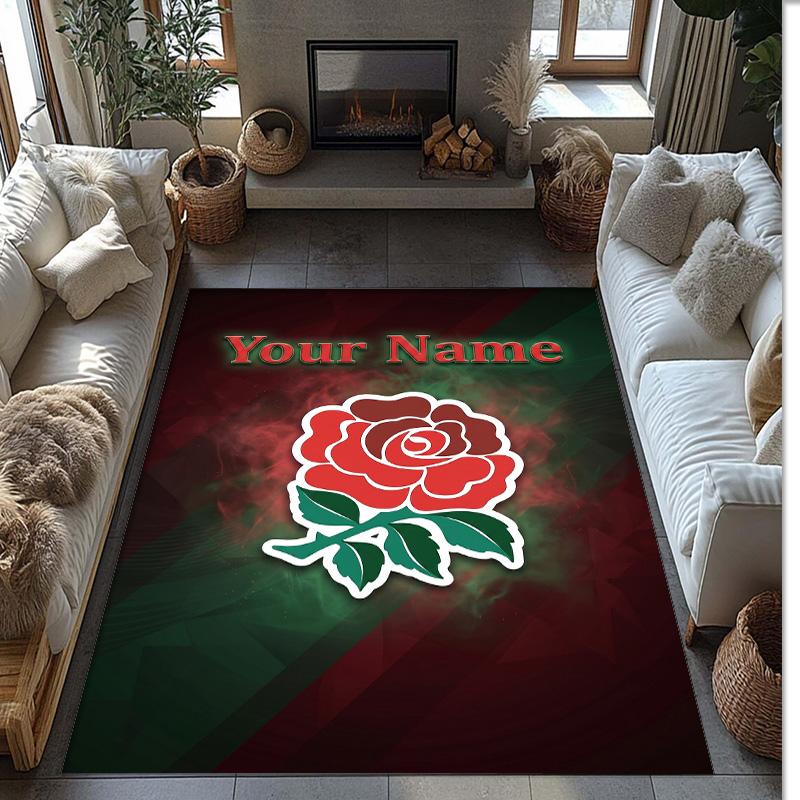 England Rugby Crystal Velvet Rug, Custom Name Text Personalized Non‑Slip Floor Mat for Home Decor Gift