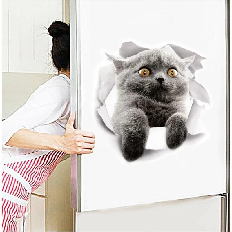 5PCS Cute Cats and Dogs Pet Animals Wall Art Stickers Vivid 3D Holes Interesting Cat and Dog Toilet Stickers DIY Home Decoration