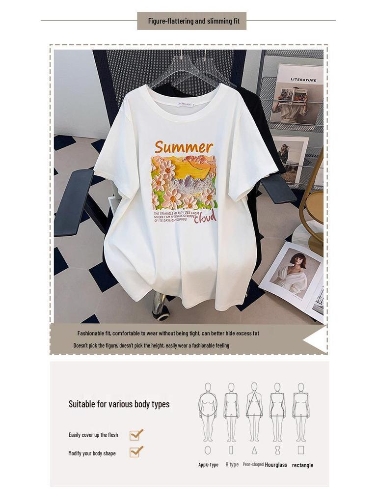 Plus Size Slimming Mid-Length Short-Sleeve T-Shirt (200/300/350 Jin) for Women