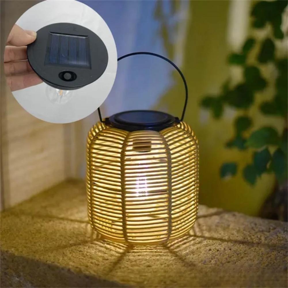 Waterproof Rattan Solar Lantern Solar Powered Standing/Hanging Bamboo Chandelier Lamp Bamboo Frame Weaving Lantern