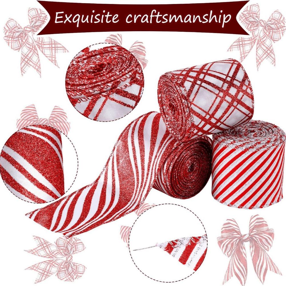 2pcs Red White Striped Christmas Ribbon with Wired Edge DIY Craft Gift Wrapping Wreath Bows Holiday Decorations 5 Yards Each Wired Ribbon for Wreaths