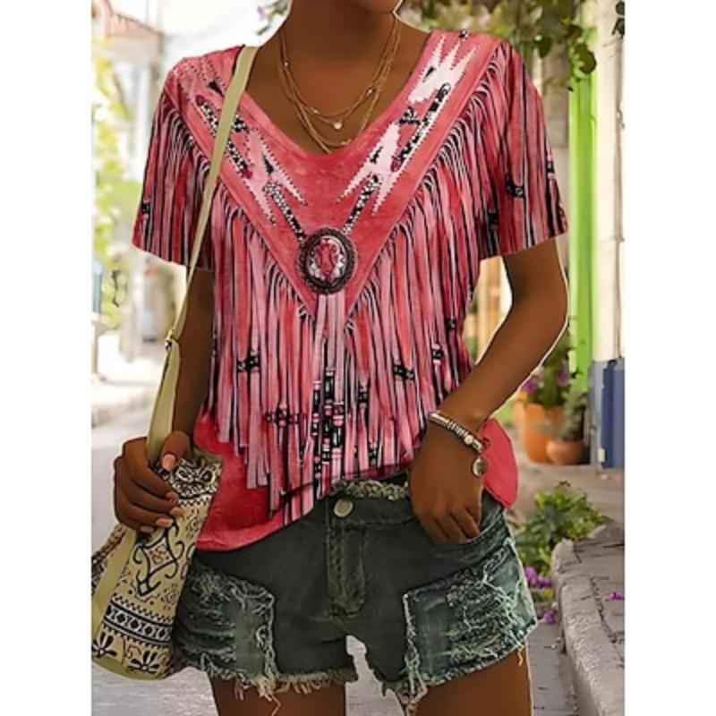 

Женская футболка с графическим принтом Bohemia Vintage Western с коротким рукавом и V-образным вырезом, обычные топы, повседневная пляжная одежда, одежда для отпуска, принт, лето 6XL