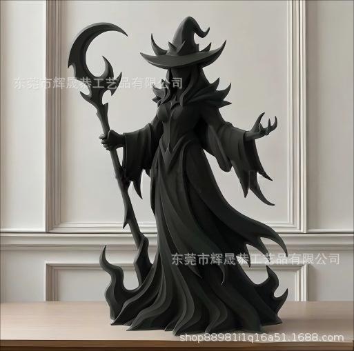 

Gothic Halloween Witch Statue With Flowing Robe And Crescent Staff Spooky Domineering Sorcere Figurine For Home Decoration