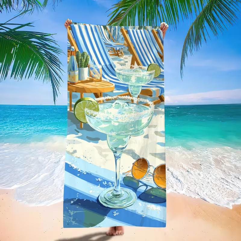 Coastal Margarita Cocktail Blue Stripe Beach Chair Print Beach Towel Quick Dry Sand Free Beach Blanket for Summer Beach