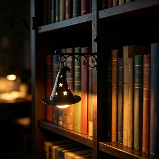 Black Metal Stand Decor Library Lantern, Mini Decorative Bookshelf Lamp, Spooky Pumpkin Ghost Hat Reading Nook Halloween Lanterns LED Nightlight,