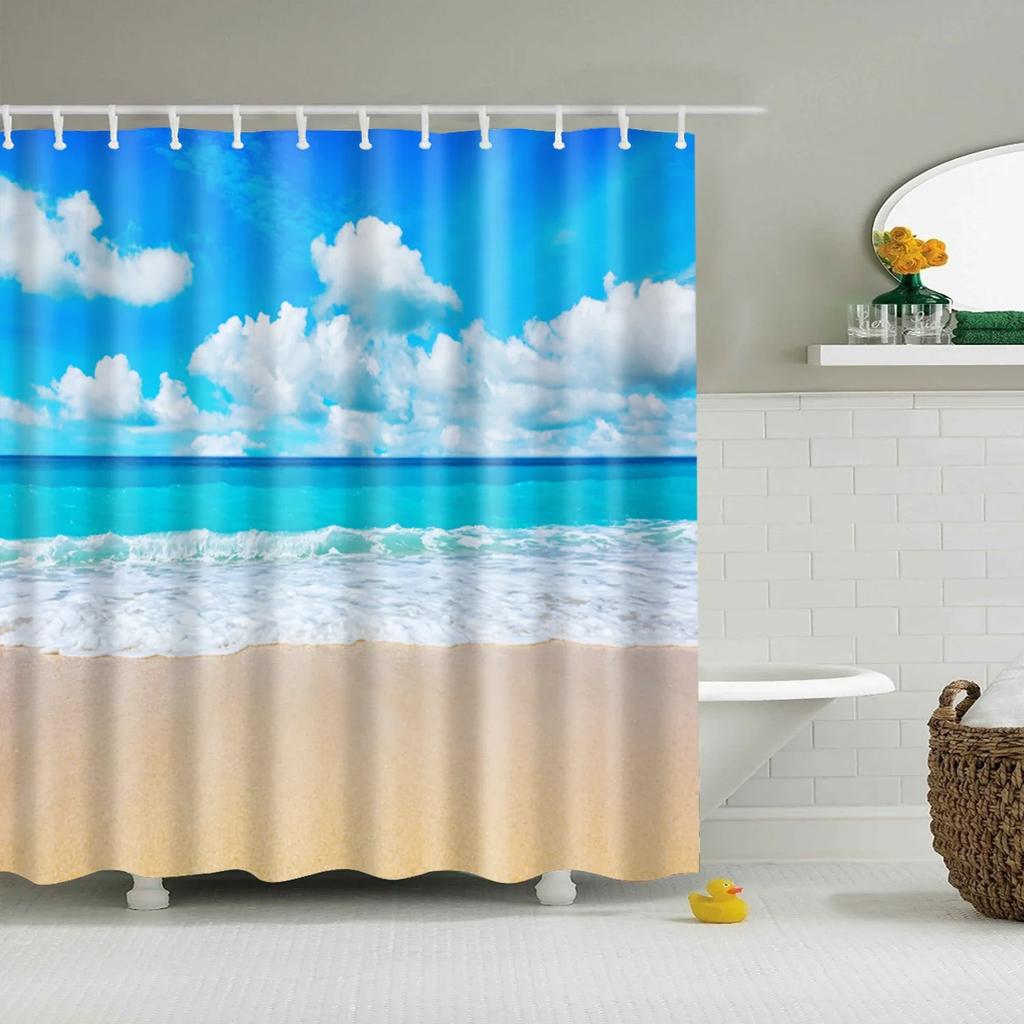 Blue Sky Beach Shower Curtain Modern Scenery Print Bathroom 3D Blackout Curtain Large 180x200cm for Bathroom