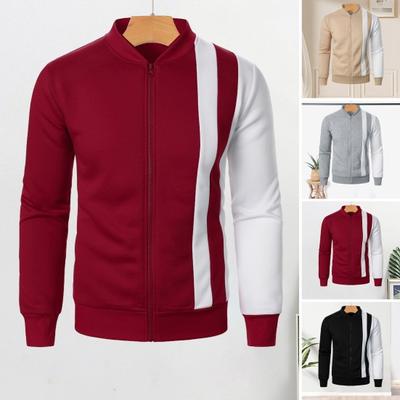 Men Autumn Winter Coat Stand Collar Zipper Closure Drawstring Colorblock Sport Jacket with Elastic Cuffs And Hem Slim Fit Fitness Outerwear