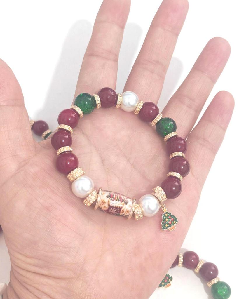 Hand-Painted Christmas Tree Beaded Bracelet - Women's Elastic Holiday Gift