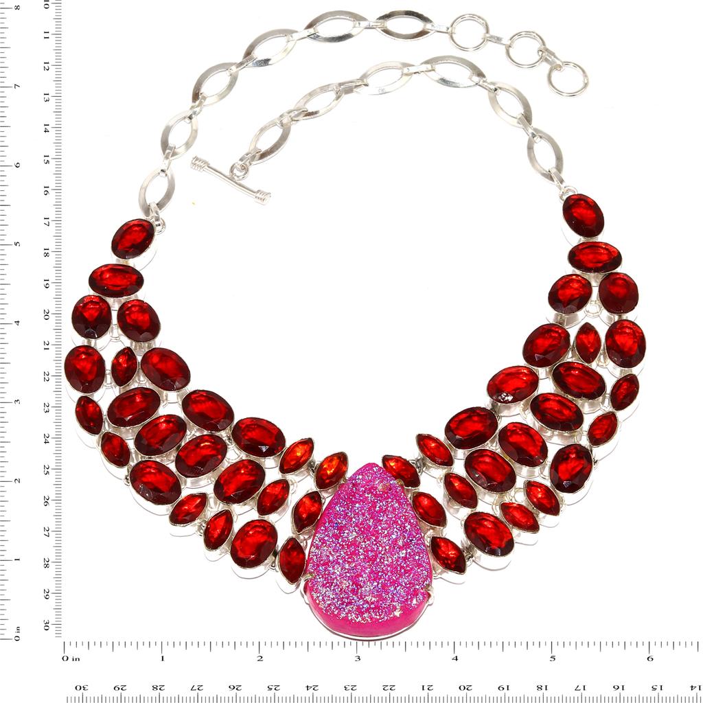 Pink Sunshine Desert Drusy Garnet Jewelry Necklace 16-18''