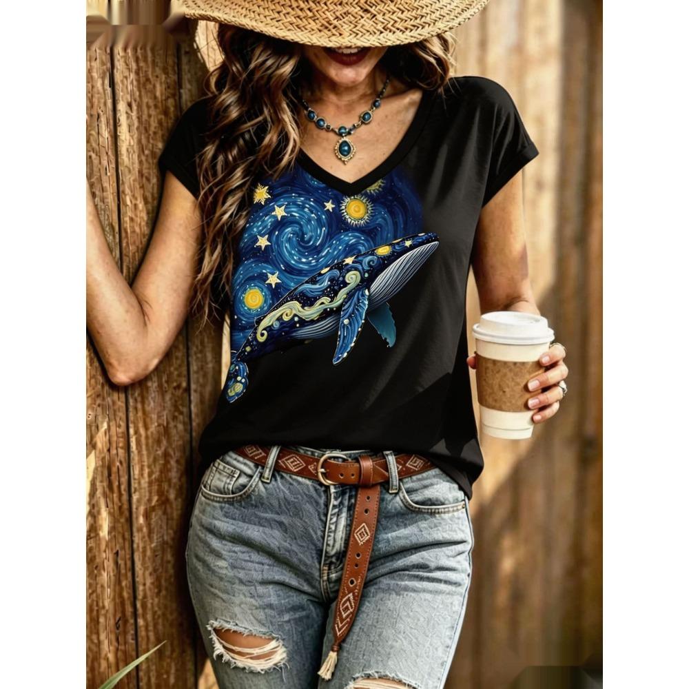 Sommer Buntes Tier 3D Muster Kurzarm T-Shirt Modisches Bequemes Oversized Atmungsaktives Damen V-Ausschnitt T-Shirt