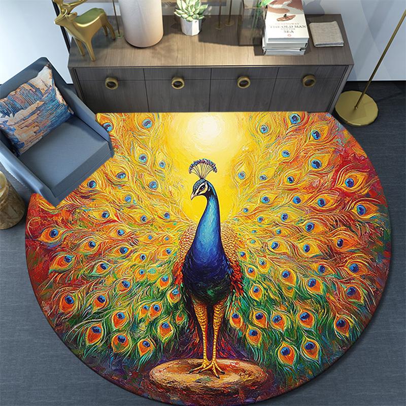Peacock Round Area Rug,Carpet Rug for Living Room Bedroom Sofa Playroom Decor,Non-slip Floor Mat