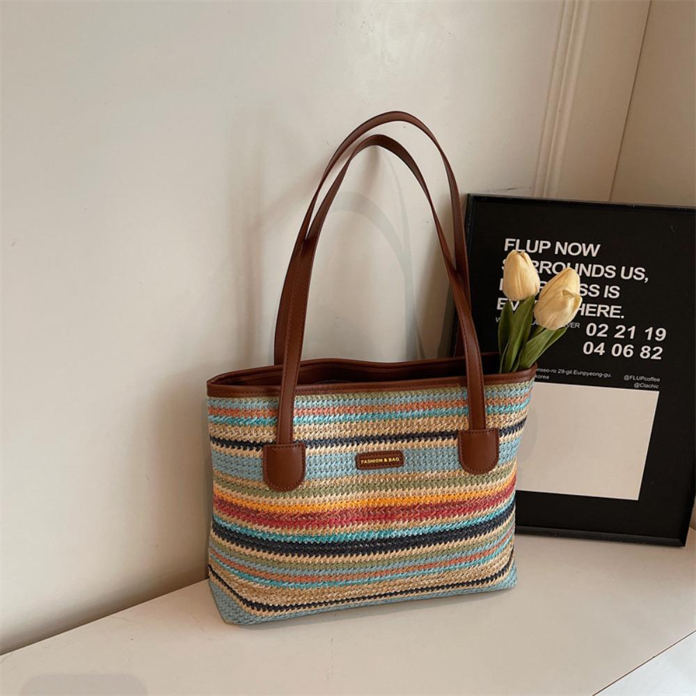 Beach Handbag Straw Woven Bag Parent Shoulder Bag Strip Shoulder Bag Bohemian Beach Bag  Streetwear