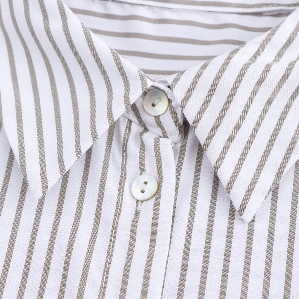 Spring 2025 Women's European & American Style Striped Long Sleeve Casual Shirt with Turn-Down Collar