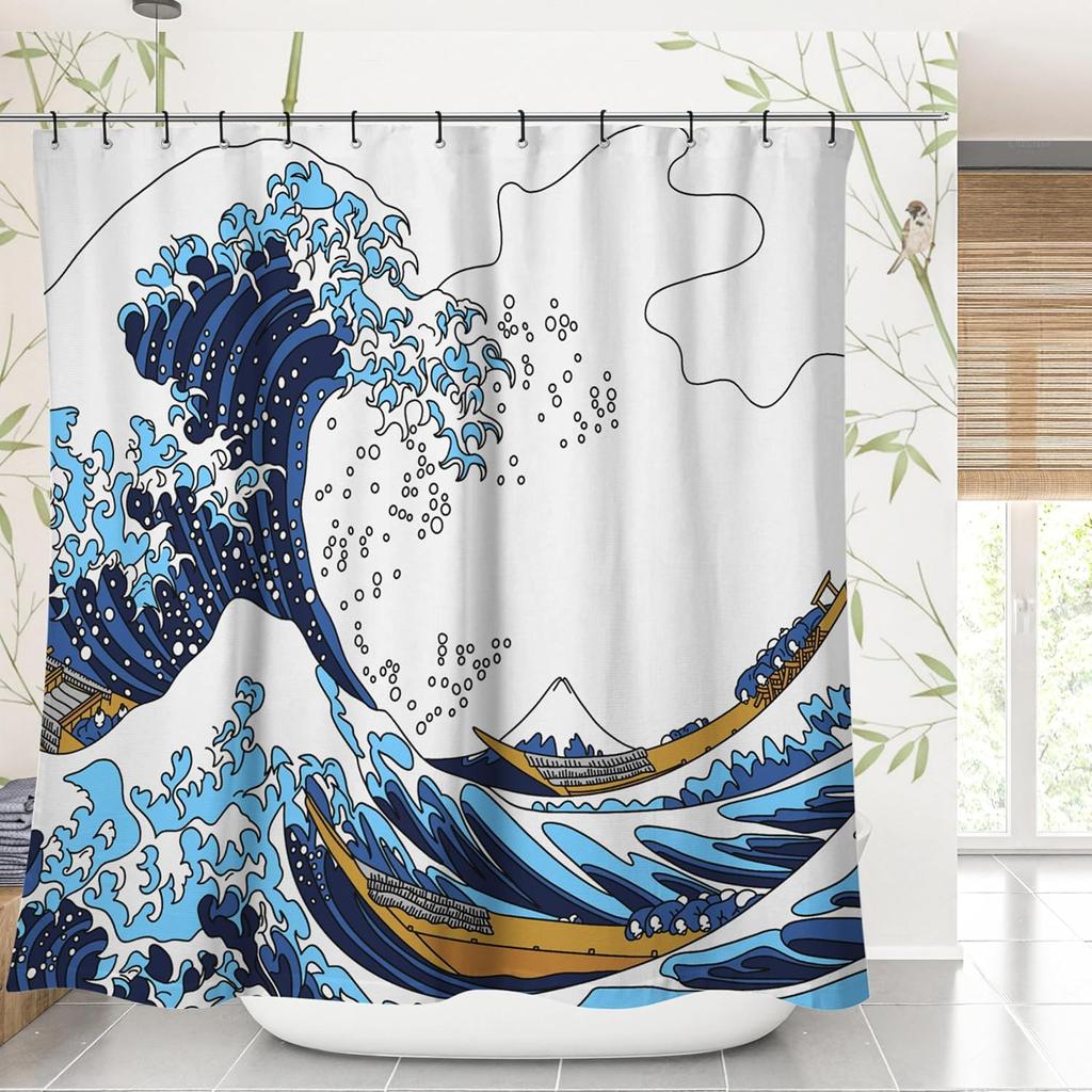 Cool Japanese Asian Art Modern Blue Anime Ocean The Great Waves Kanagawa of Hokusai Aesthetic Waterproof Curtain with Hooks,