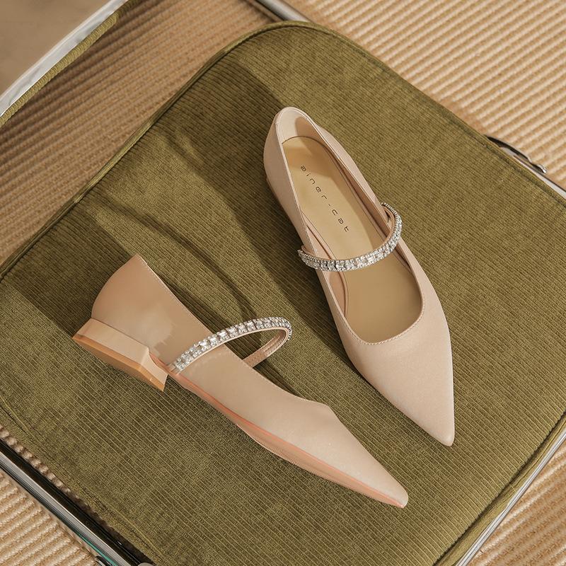 

29810 [sheepskin] thick-heeled flat shoes for women s 2025 new pointed rhinestones with Mary Jane single shoes 39