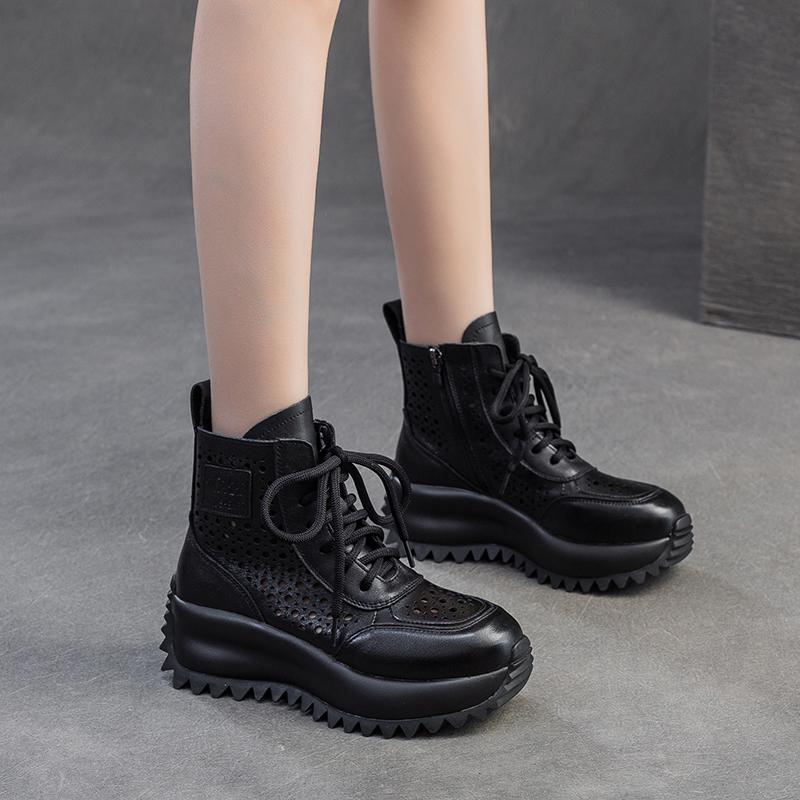 Spring/Summer New Top Leather Sponge Cake Bottom Hollow Martin Boots for Women