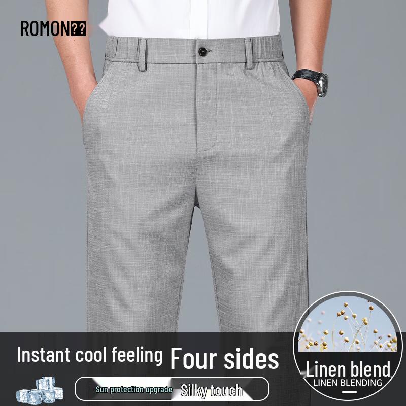 ROMON Men s Summer Linen Blend Casual Straight Pants 6XL