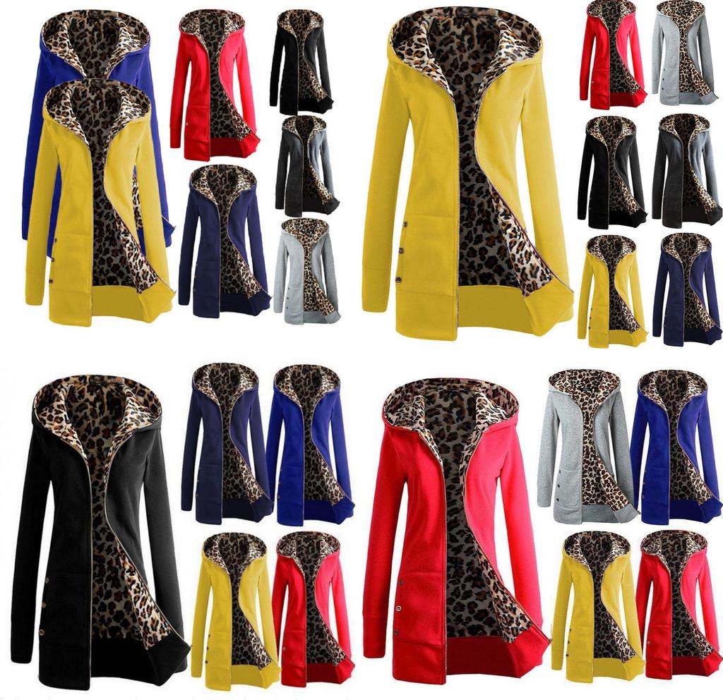 Zip Hooded Womens Coat Winter Warm Leopard Hoodie Parka Trench Jacket Outerwear
