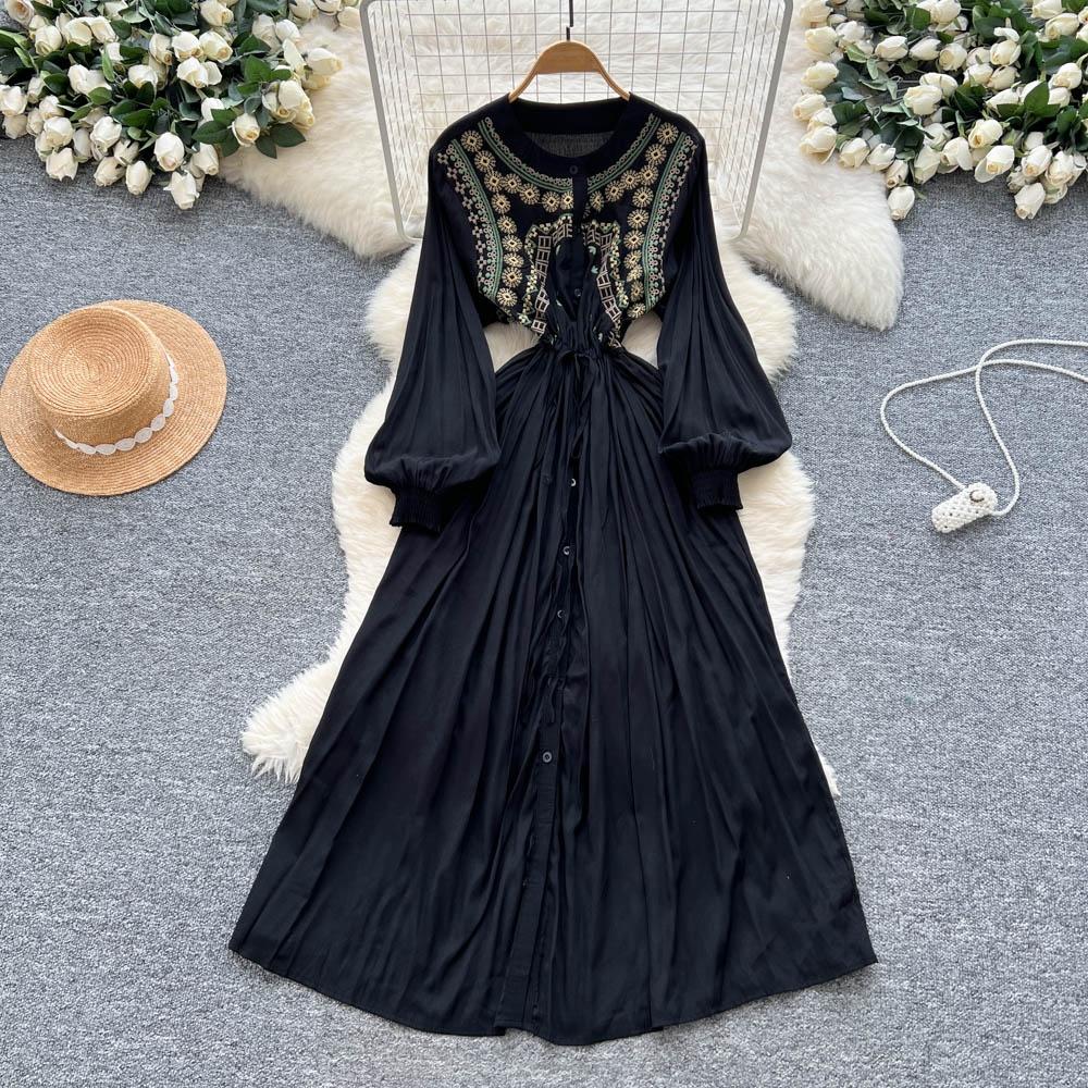Damen Retro Stickerei Schwere Arbeit Taillengürtel Ein-Knopf Ele Langes Kleid