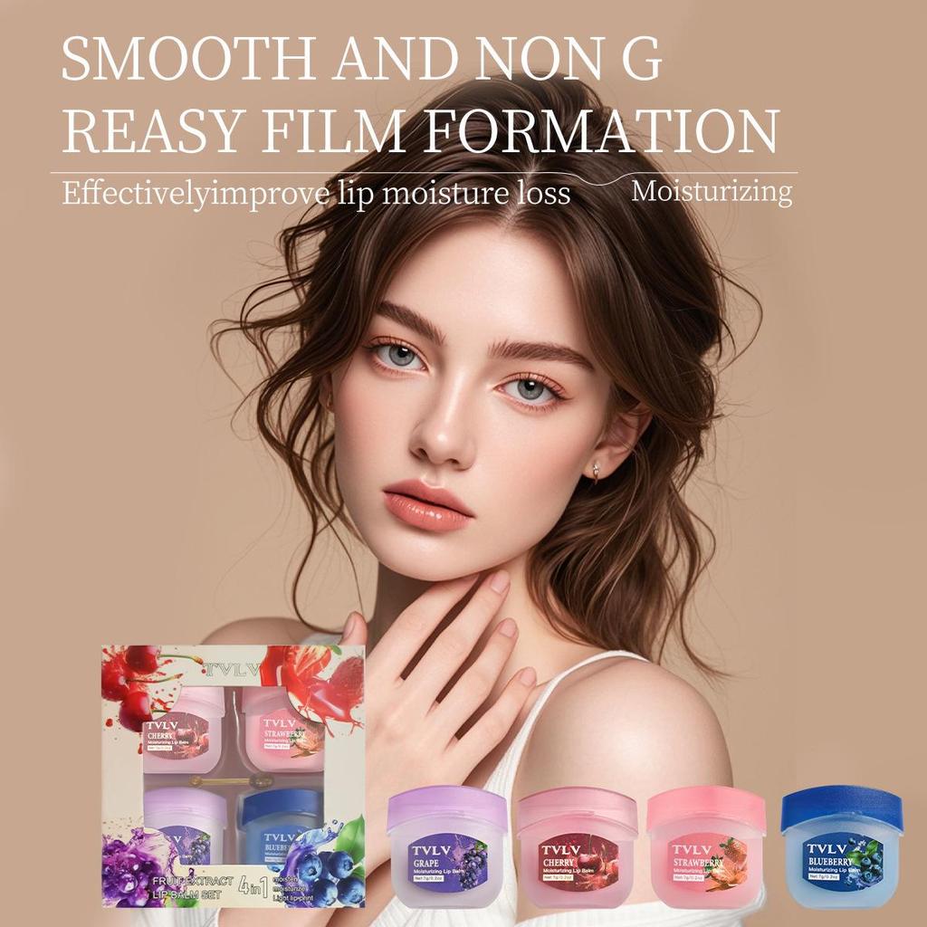4-Color Fruit Lip Balm & Mask Set with Spoon - Autumn & Winter Hydration Gift Box