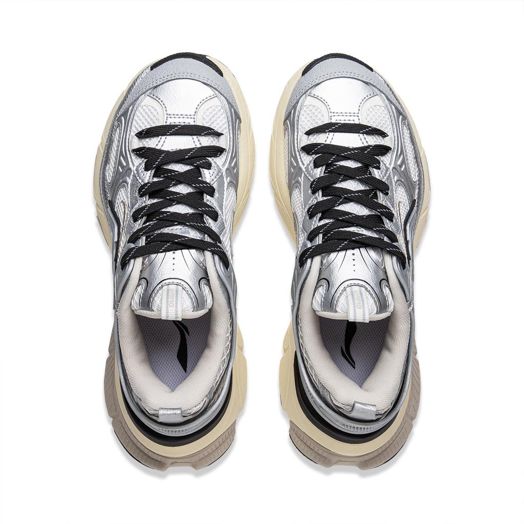 Li Ning Xingji Amortiguación Antideslizante Resistente a la Abrasión Transpirable Caña Baja Zapatillas Chunky para Mujer Plata Blanco AGCU372-2