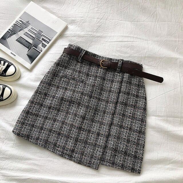 Autumn Sweet High Waist A-line Mini Skirt Chic Sashes  Irregular Lady Skirt Vintage Casual Women Plaid Skirt
