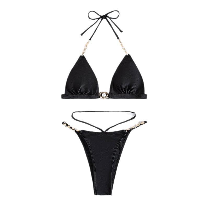 2025 Multicolor Chain Three-Point Bikini: Women's Sexy High-Waist Lace-Up Swimsuit