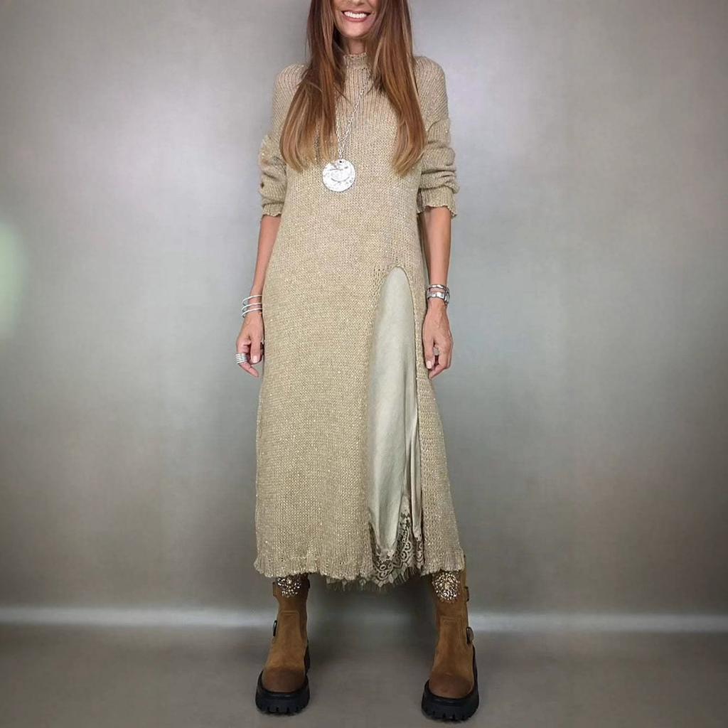 Women's Long Sleeve Knit Cardigan Two Piece Outfit V Neck Lace Trim Spaghetti Strap Midi Dress Set Solid Color Fall Elegant Casual Outfit