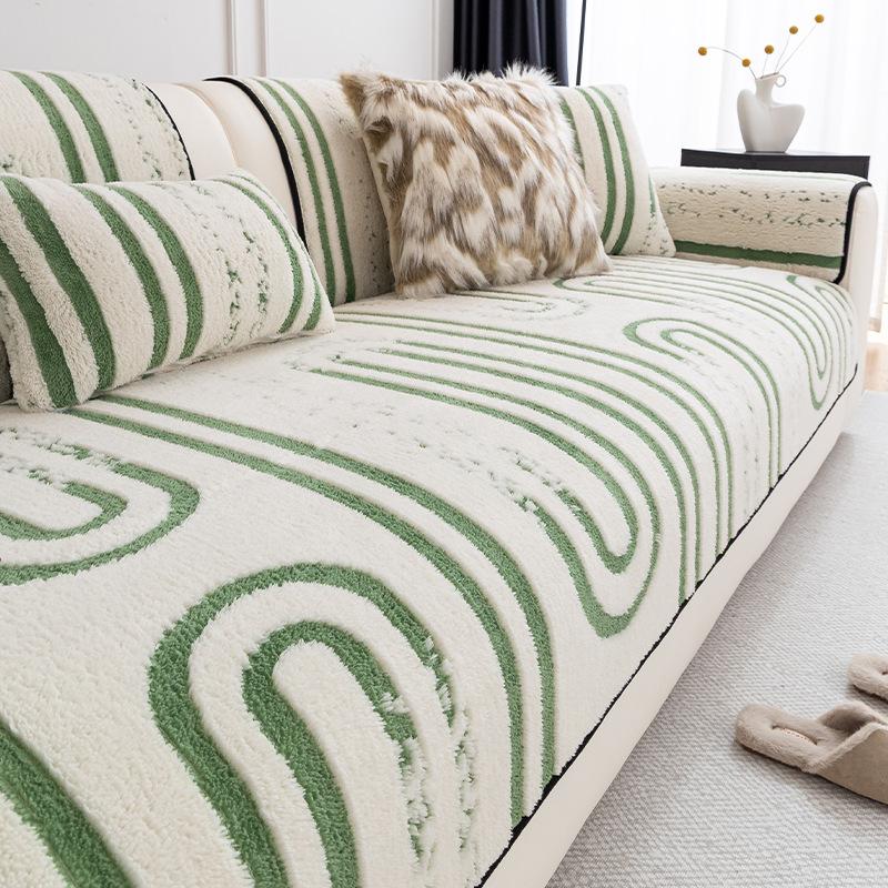 

European Striped Jacquard Plush Sofa Cushion Simple Fashion Non-Slip Sofa Cover for Living Room Keep Warm Dustproof Couch Covers 70*70cm зелений