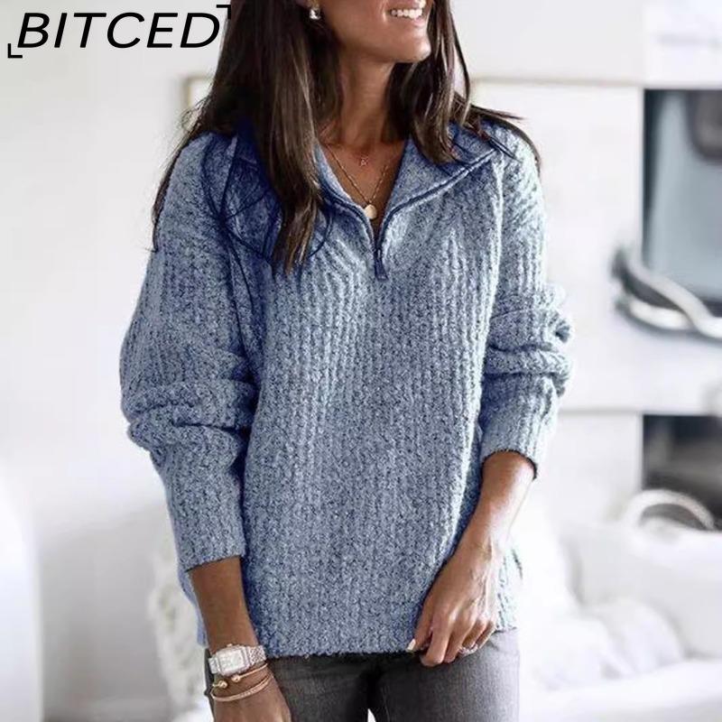 BITCED Women's Fashion Casual Solid Color Print Autumn Winter Long Sleeve Zip Collar Loose Sweaters