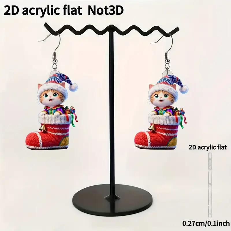 Cross-border new Christmas red socks earrings flat acrylic Christmas gift dwarf cat kitten earrings