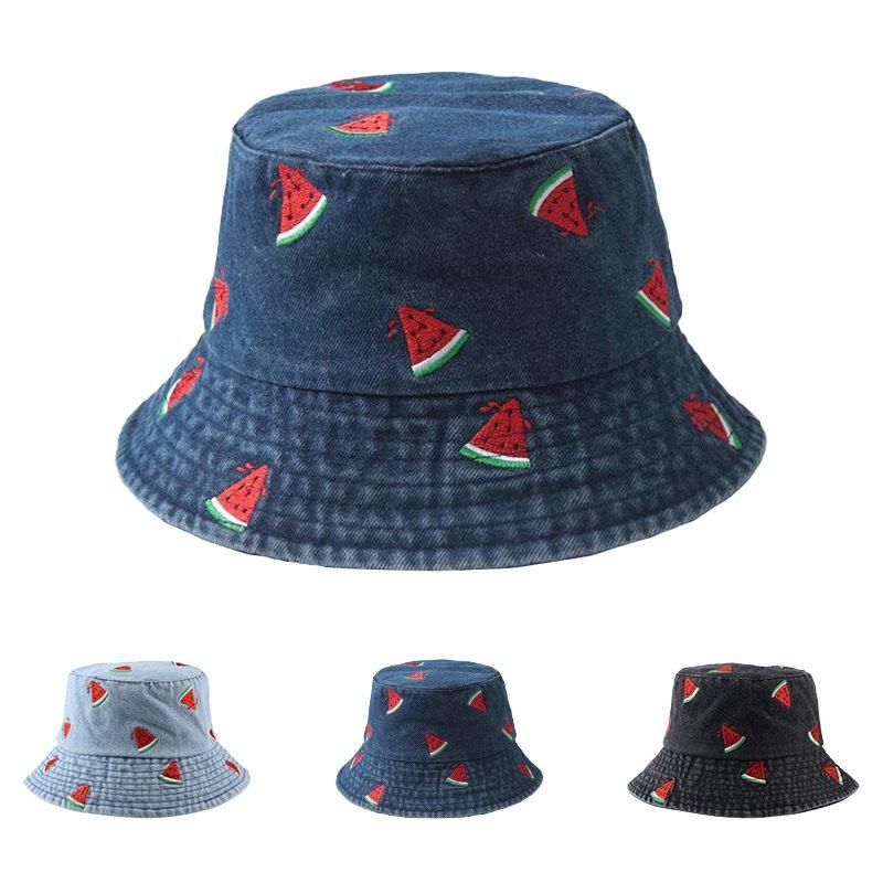 My Extreme Outdoor Activities Women's Light Blue New Denim Summer Bucket Hat For Embroidery Watermelon Outdoor Travel Wide Brim Sun Hat Top Qulity Beach Fisherman Cap 56-58Cm