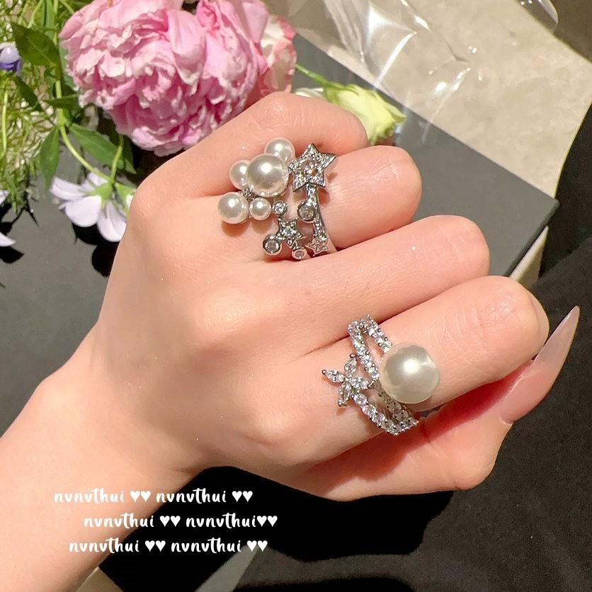 Bubble Mapei Pearl Star Jewel Ring, Mermaid Tears, 18K Gold Plated, Lady Flower Zircon Pearl Ring