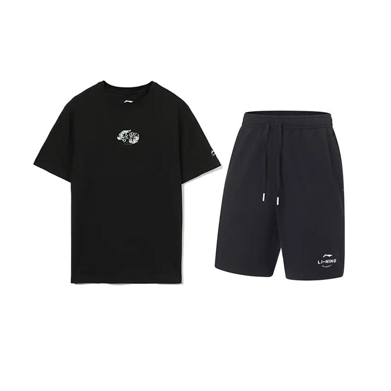 

Li-Ning Вышитый логотип Пуловер с круглым вырезом Футболка с коротким рукавом Мода Простой Удобный Шорты Повседневный Спортивный комплект Унисекс комплекты AHST821-2+AKST543-3 M