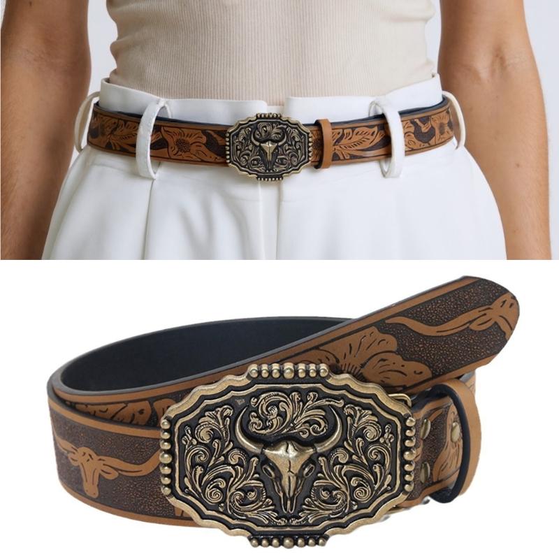 Embossed Pattern Wasitband Adjustable Belt For Daily Use And Outdoor Activity with Metal Bull Head Buckles for Men Women