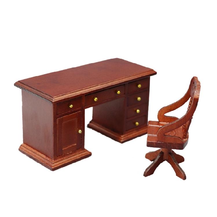 Realistic Miniature Wooden Office Desk With Chair 1/12 Scale Historical Study Room Addition For Models
