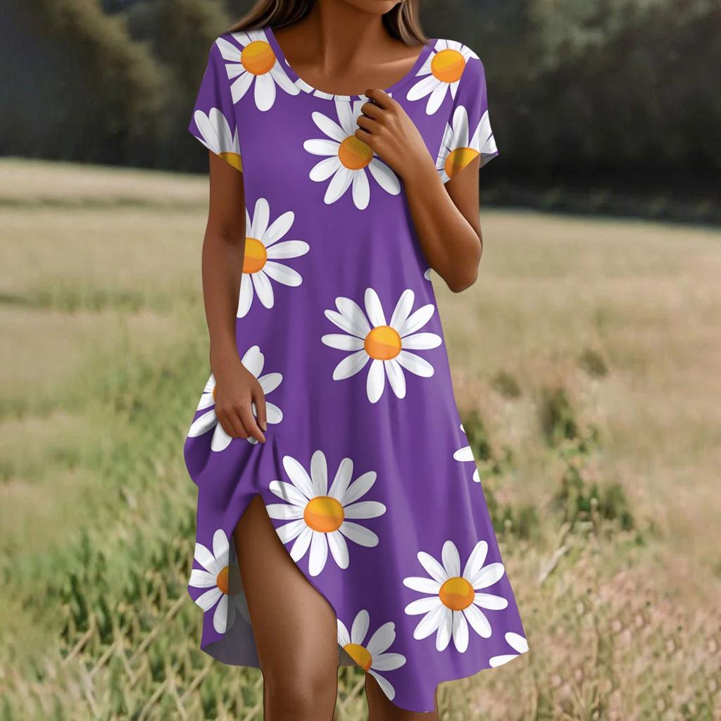 Short Sleeve Boho Dress For Women Casual Loose Fit Summer Sundress Floral Print Dress With Pockets