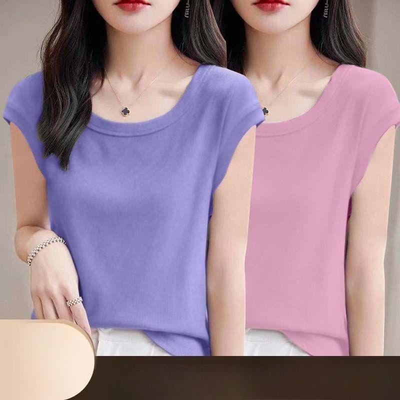 Women Modal T Shirt Short Sleeve Summer Slim Fit Flutter Sleeve Round Neck Comfortable Casual Tee